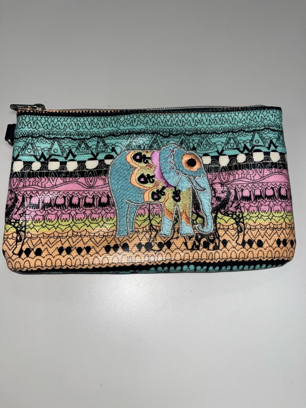 Sakroots Teal Pink Peach Stripe Embroidered Elephant Wallet/ pouch